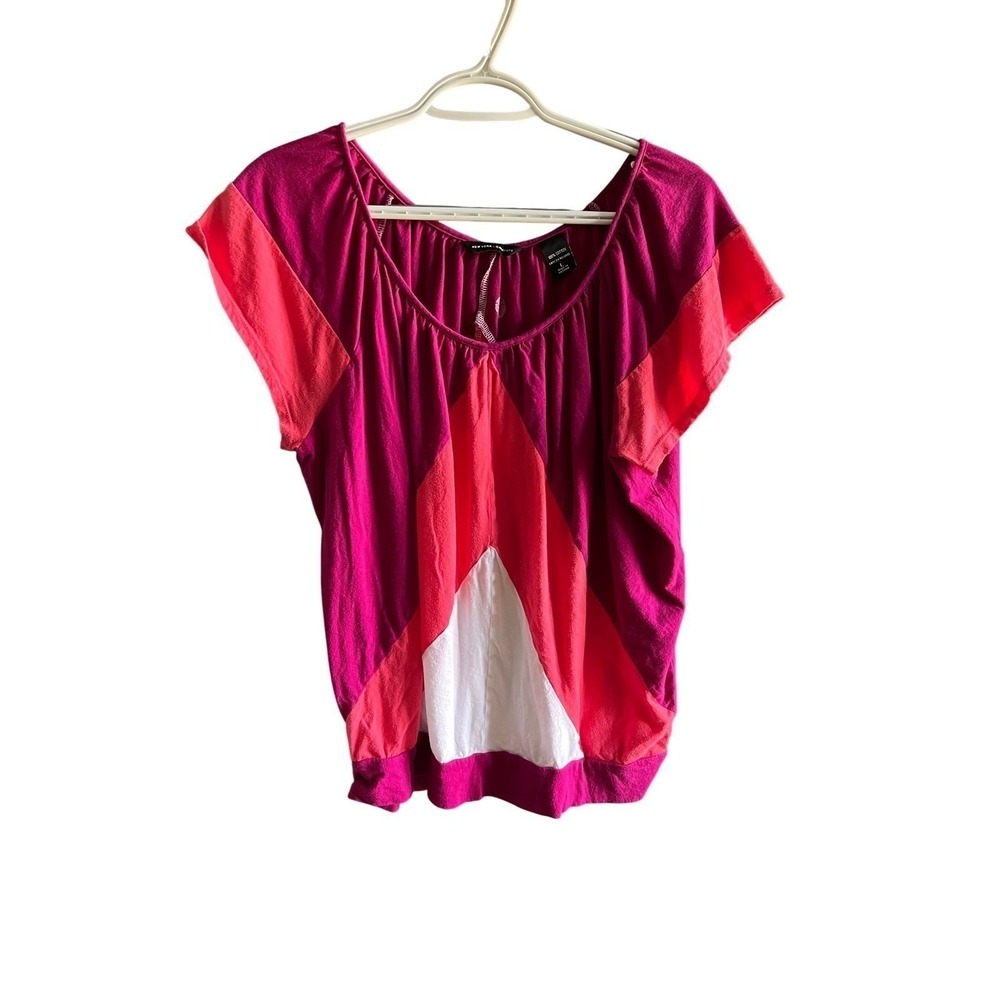New York & Company Pink Chevron Colorblock Dolman Sleeve Cotton Top Large